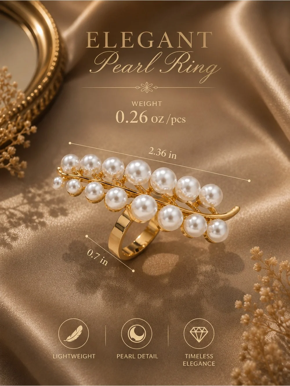 Gold Pearl Vine Statement Ring - Elegant White Pearl Fashion Ring